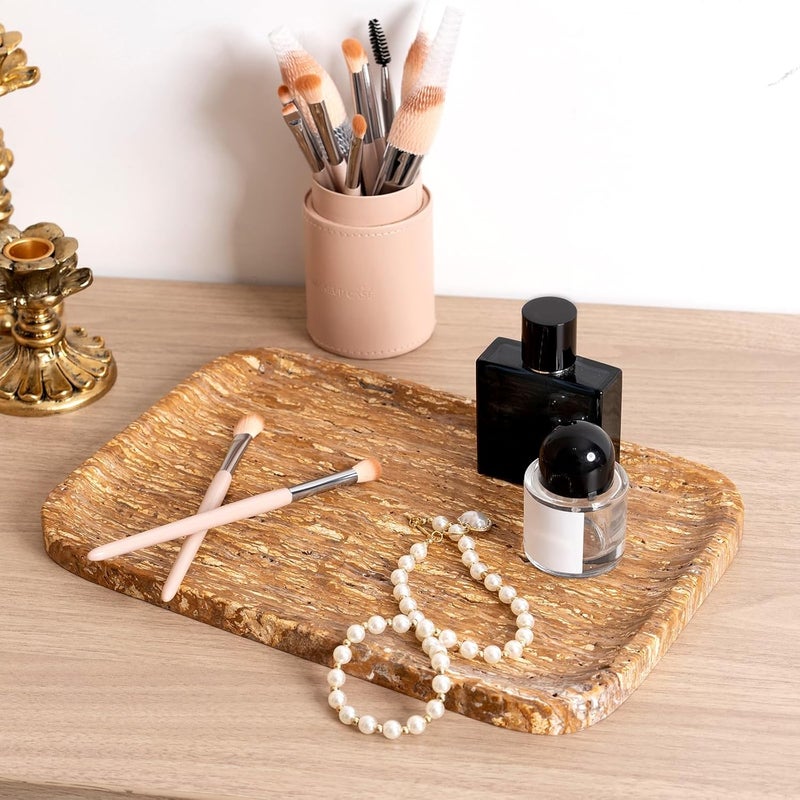 karibiber Natural Marble Vanity Tray, 11.8" Travertine/Stone Bathroom Tray Countertop, Golden Stone for Perfume Jewelry Holder, Decorative Dresser Organizer, Storage for Kitchen Sink(Walnut Traver) - Image 4